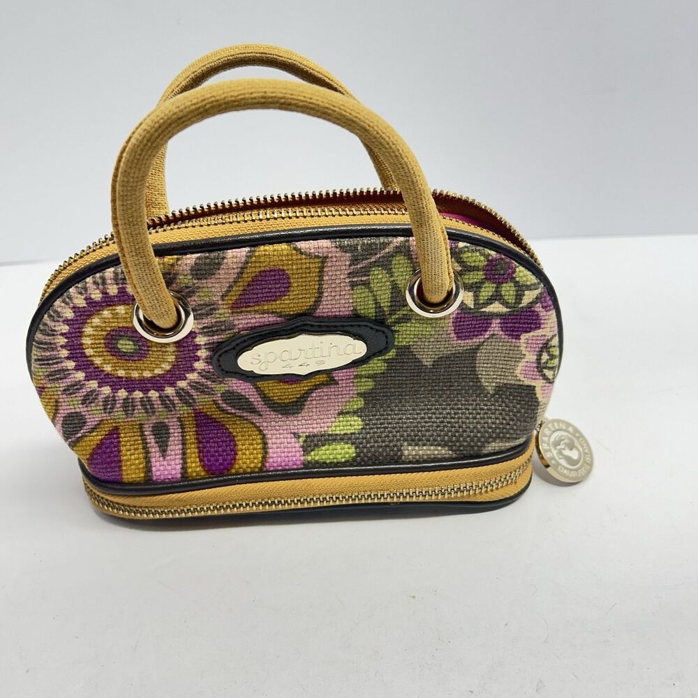 Spartina 449 Mini Bowler Cosmetic Case Double Zipper Linen Jewelry Makeup Bag